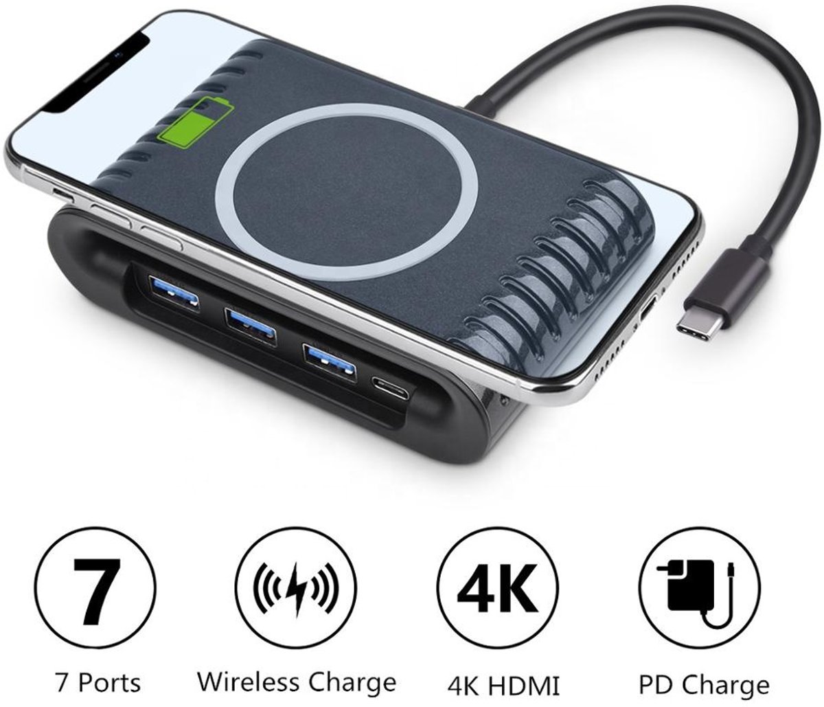 7 in 1 multifunctionele USB C Hub naar HDMI Adapter 4K + 3x USB 3.0 Poort + USB C PD (power delivery) + Micro SD / SD Kaartlezer + Wireless Charging 5W - Thunderbolt | Macbook/Laptop/Surface – USB Hub + Wireless Charging - Zwart